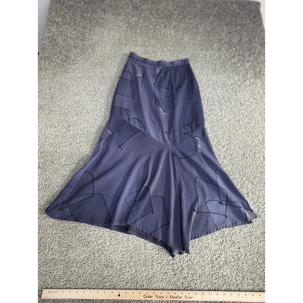 Suzanne Skirt Womens Small Blue Geometric Satin Flare Asymmetrical Hem Long